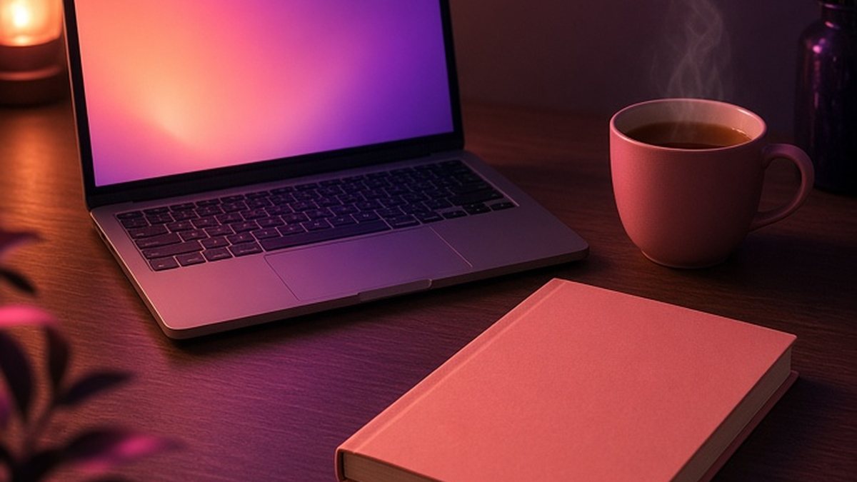 Laptop glowing pink and purple at night on a desk with a mug of tea and a coral book