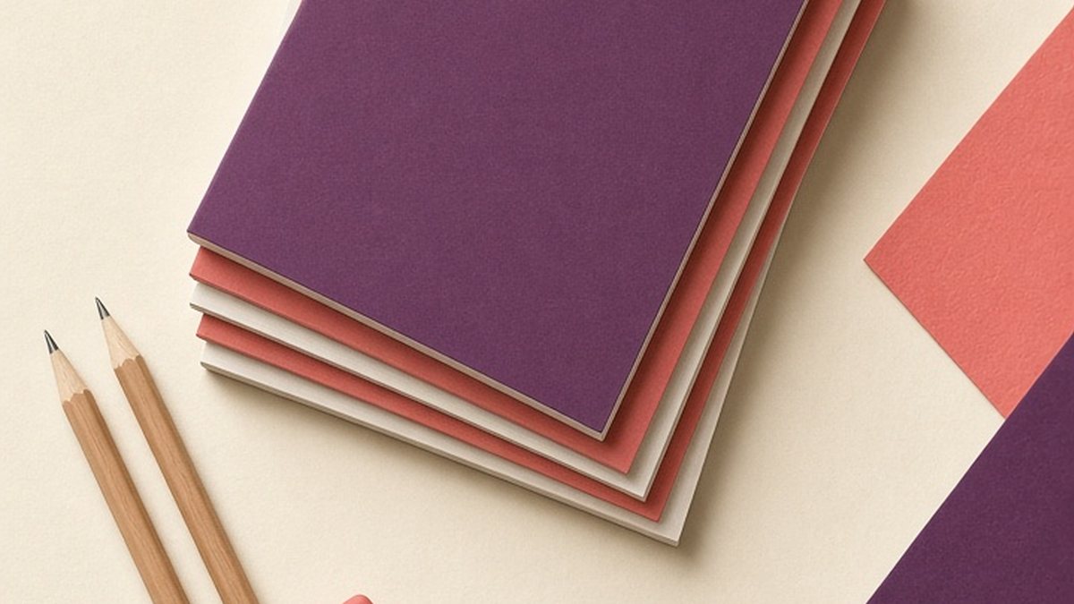 Stack of blank plum and coral paperback books with two pencils and an eraser on a cream surface