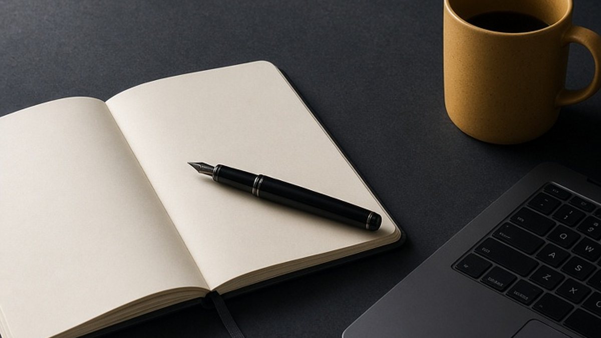 Open notebook with a fountain pen beside a mustard mug and laptop on a dark charcoal desk